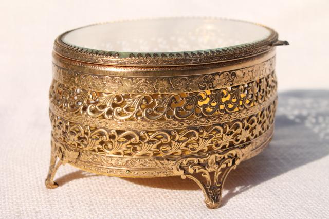 photo of vintage Italy gold metal filigree jewelry box, large oval box for vanity dressing table #5