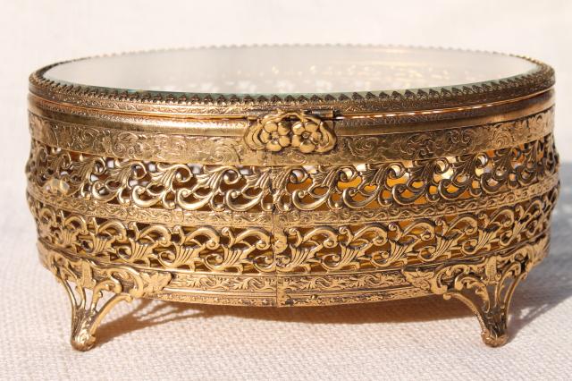 photo of vintage Italy gold metal filigree jewelry box, large oval box for vanity dressing table #6