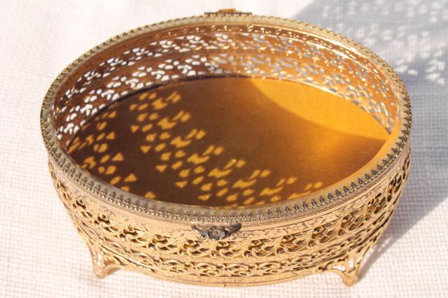 photo of vintage Italy gold metal filigree jewelry box, large oval box for vanity dressing table #7