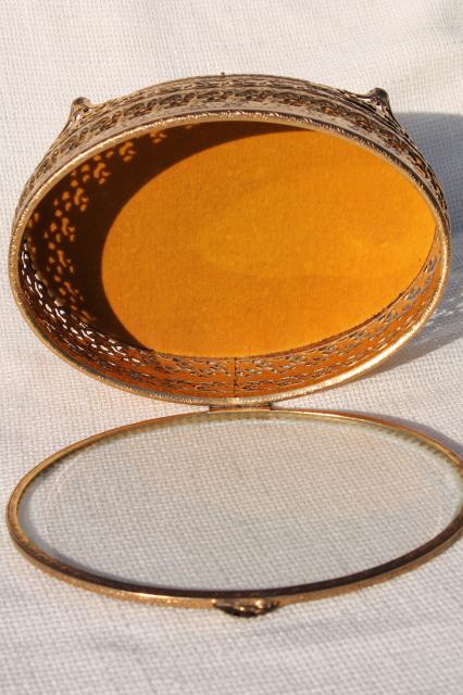 photo of vintage Italy gold metal filigree jewelry box, large oval box for vanity dressing table #8