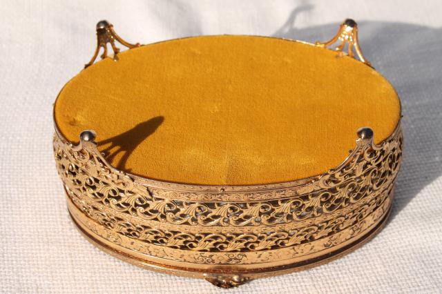 photo of vintage Italy gold metal filigree jewelry box, large oval box for vanity dressing table #9