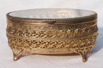 catalog photo of vintage Italy gold metal filigree jewelry box, large oval box for vanity dressing table