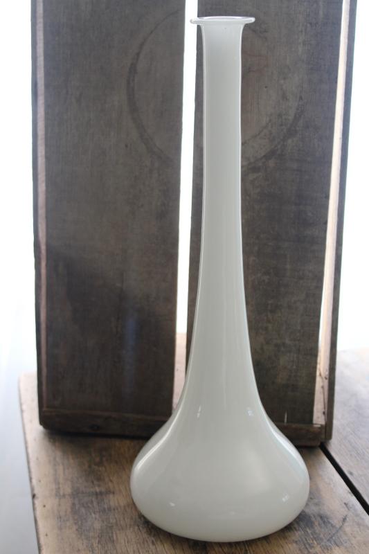 photo of vintage Italy hand blown glass vase w/ tall mod bottle shape, white opalescent milk glass #5