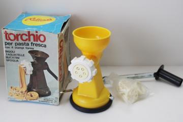 catalog photo of vintage Italy hand crank pasta maker Rullinet Torchio interchangable extruder dies 