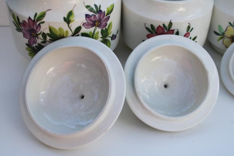 photo of vintage Italy hand painted ceramic canisters, garden flowers Italian pottery canister jar set #9