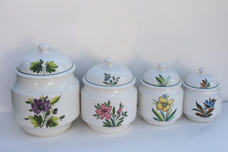 photo of vintage Italy hand painted ceramic canisters, garden flowers Italian pottery canister jar set #11