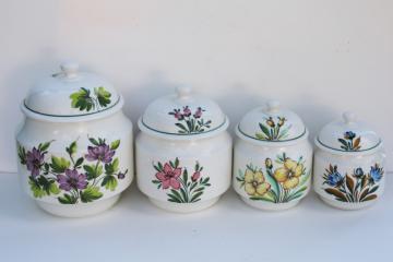 catalog photo of vintage Italy hand painted ceramic canisters, garden flowers Italian pottery canister jar set