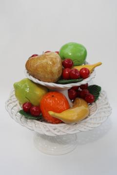 catalog photo of vintage Italy hand painted ceramic fruit, Capodimonte style tiered tray centerpiece