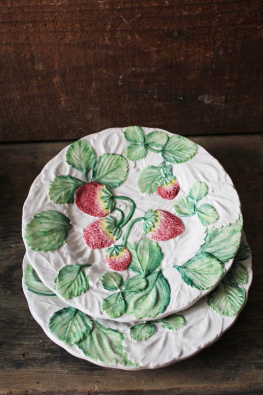 photo of vintage Italy hand painted ceramic plates, majolica pottery style strawberries & leaves #5