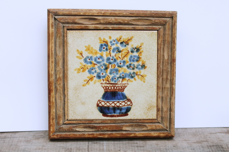 photo of vintage Italy hand painted terracotta clay tile trivet in rustic carved wood frame  #1
