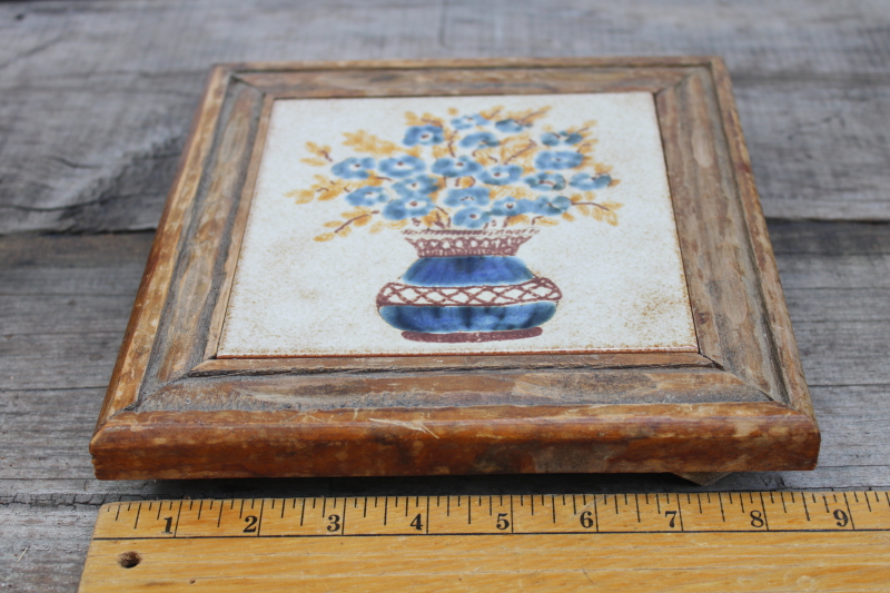 photo of vintage Italy hand painted terracotta clay tile trivet in rustic carved wood frame #2