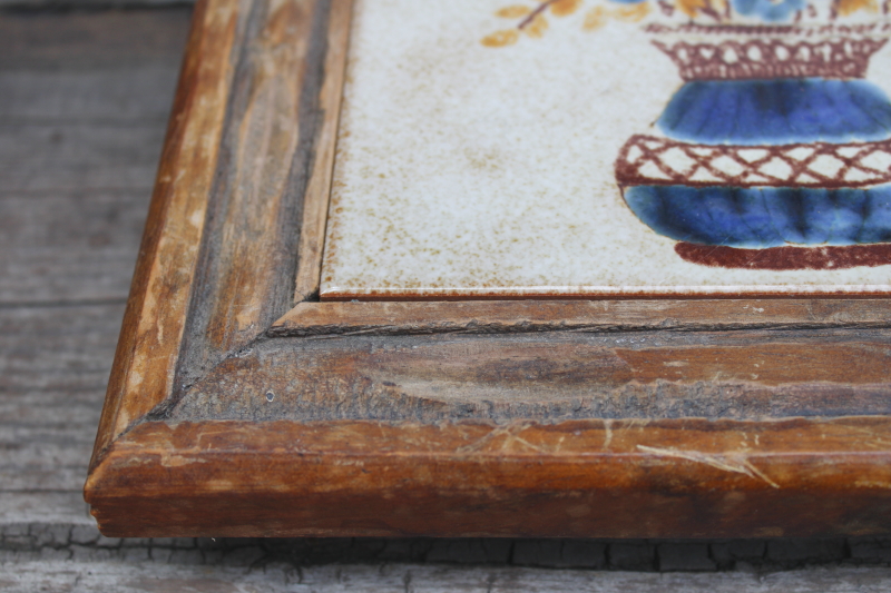 photo of vintage Italy hand painted terracotta clay tile trivet in rustic carved wood frame #3