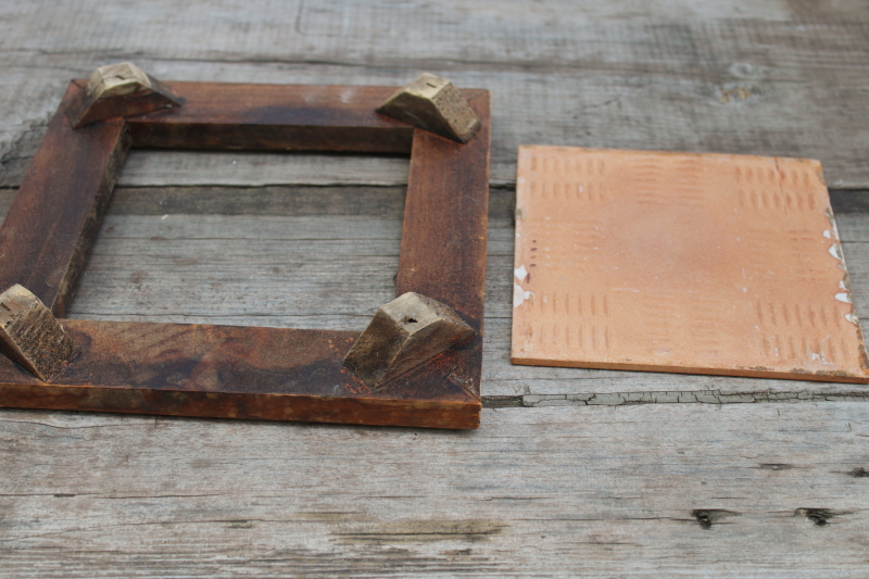 photo of vintage Italy hand painted terracotta clay tile trivet in rustic carved wood frame #4
