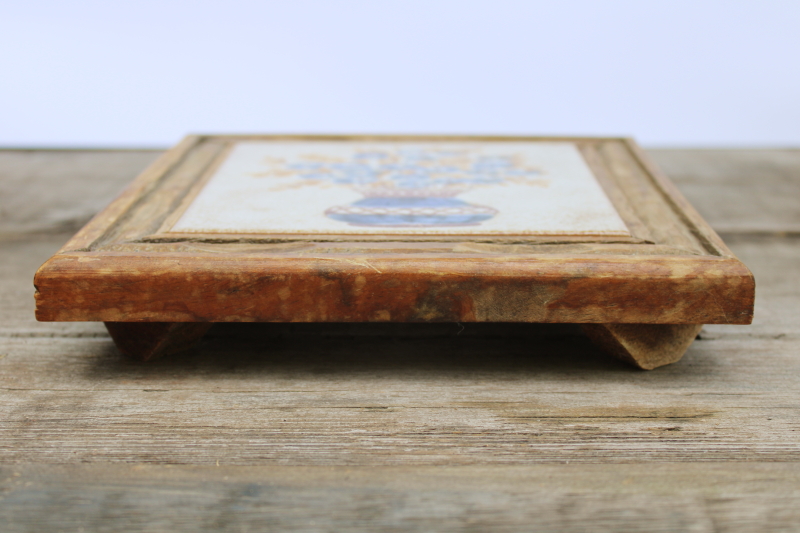 photo of vintage Italy hand painted terracotta clay tile trivet in rustic carved wood frame #6