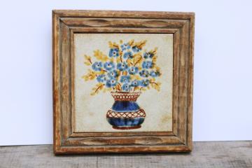 catalog photo of vintage Italy hand painted terracotta clay tile trivet in rustic carved wood frame 
