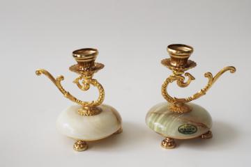 catalog photo of vintage Italy ormolu candlesticks, pair of small candle holders marbled onyx carved stone