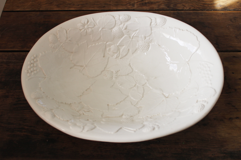 photo of vintage Italy pure white earthenware ceramic salad bowl w/ embossed strawberries  #1