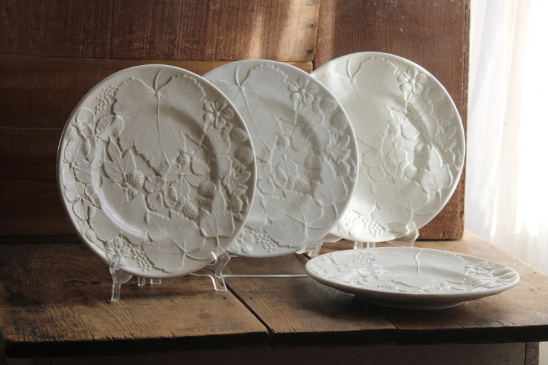 photo of vintage Italy strawberry majolica pottery plates, embossed strawberries all white glaze ceramic #1