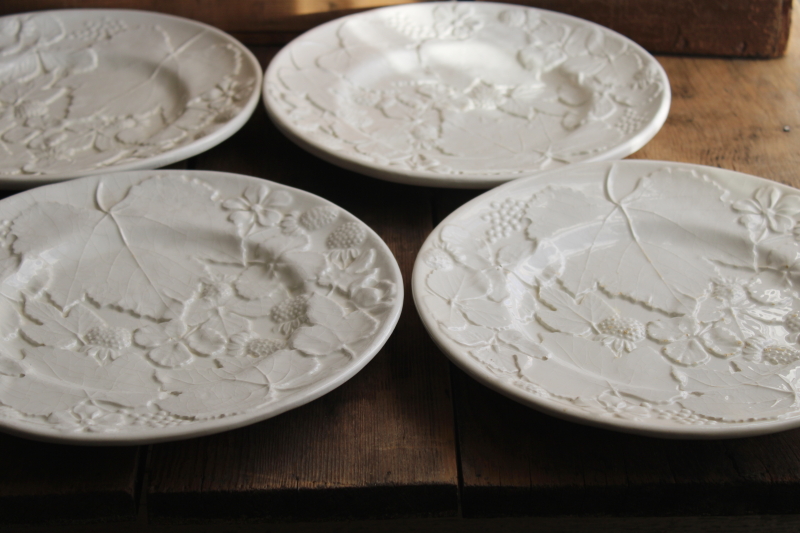 photo of vintage Italy strawberry majolica pottery plates, embossed strawberries all white glaze ceramic #9