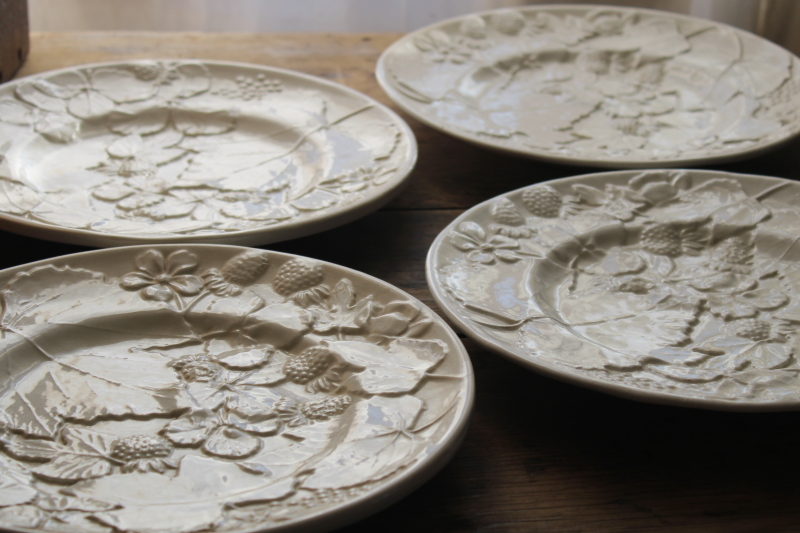 photo of vintage Italy strawberry majolica pottery plates, embossed strawberries all white glaze ceramic #10