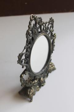 vintage Italy tiny ornate gold metal mirror in tilt stand, florentine style 