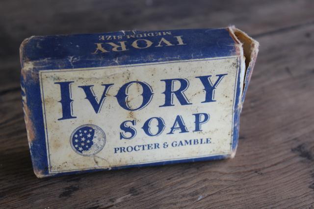 photo of vintage Ivory soap bar, paper wrapper original package dated 1940, old ad graphics #1