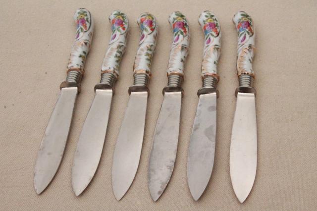 photo of vintage J A Henckels German fruit knives w/ flowered porcelain china handles #10