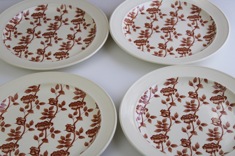 photo of vintage J&G Meakin Climbing Gardens roses floral dinner plates, rust brown transferware on cream #3