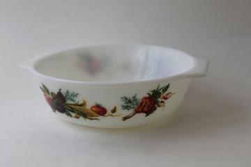 catalog photo of vintage JAJ Pyrex milk glass casserole bowl, Tuscany garden vegetables print