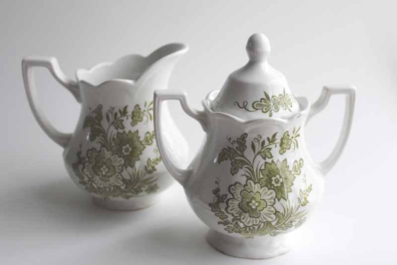 photo of vintage J&G Meakin ironstone, Hathaway green transferware floral cream & sugar set  #1