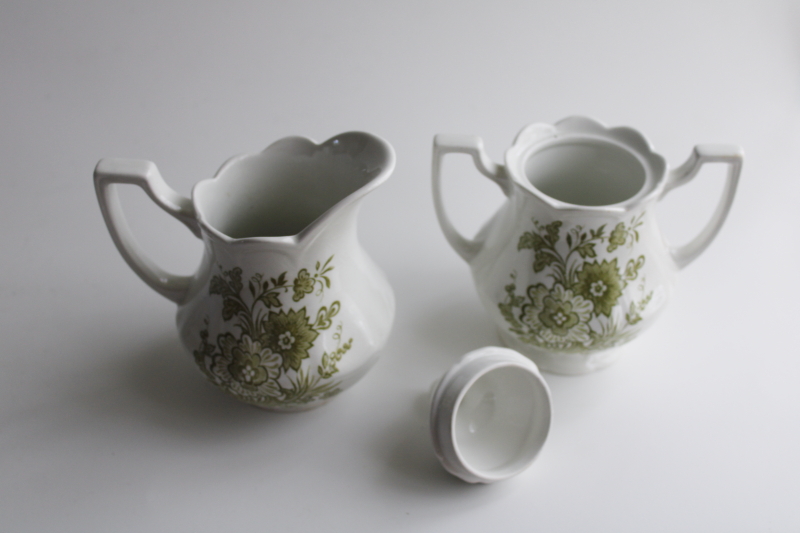 photo of vintage J&G Meakin ironstone, Hathaway green transferware floral cream & sugar set  #2