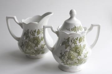 catalog photo of vintage J&G Meakin ironstone, Hathaway green transferware floral cream & sugar set 