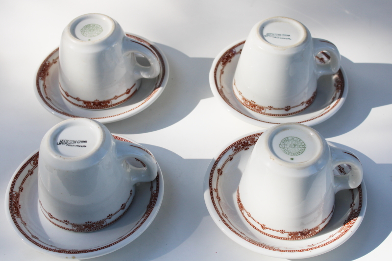 photo of vintage Jackson china restaurant ironstone brown transferware, scroll and dot cups & saucers #2