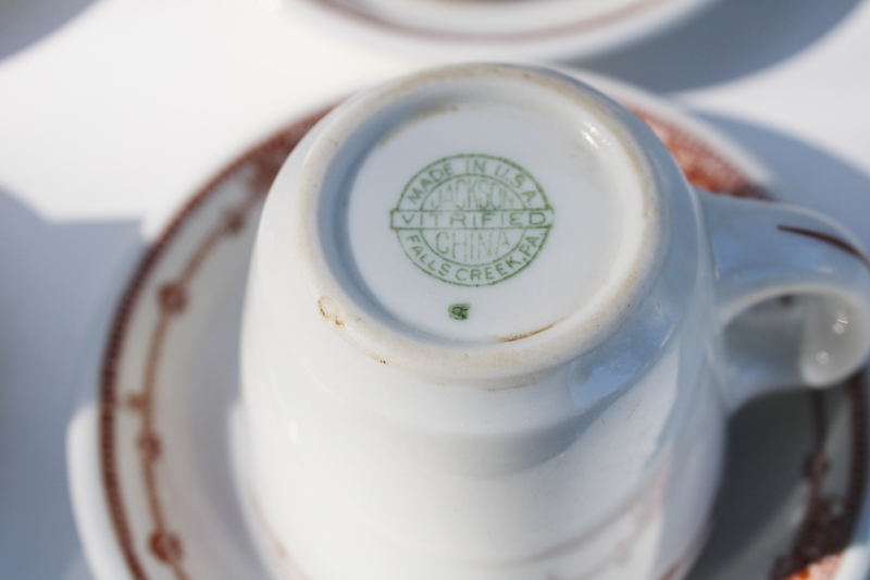 photo of vintage Jackson china restaurant ironstone brown transferware, scroll and dot cups & saucers #3