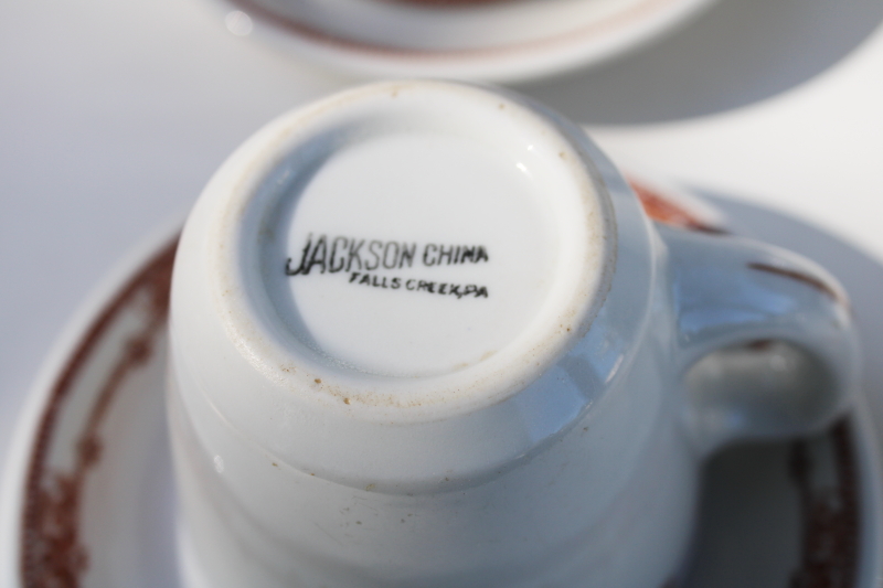 photo of vintage Jackson china restaurant ironstone brown transferware, scroll and dot cups & saucers #4