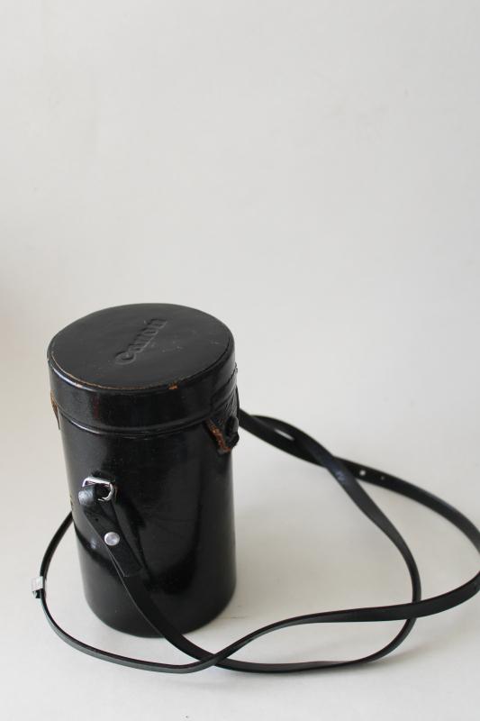 photo of vintage Japan Canon camera lens case, worn black leather w/ shoulder bag strap #1