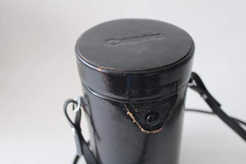 photo of vintage Japan Canon camera lens case, worn black leather w/ shoulder bag strap #2