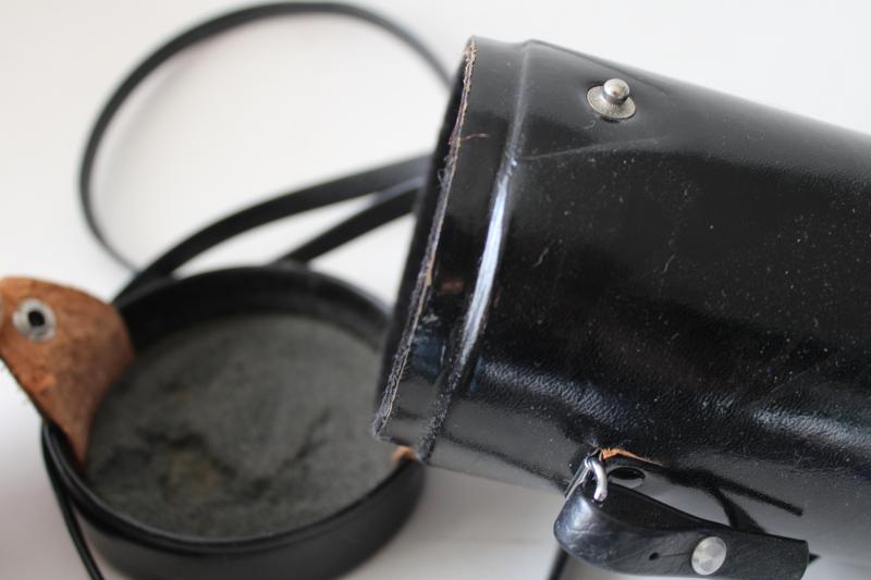 photo of vintage Japan Canon camera lens case, worn black leather w/ shoulder bag strap #4