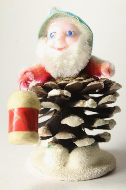 photo of vintage Japan Christmas elf pine cone gnomes, spun cotton / chenille holiday ornaments #8