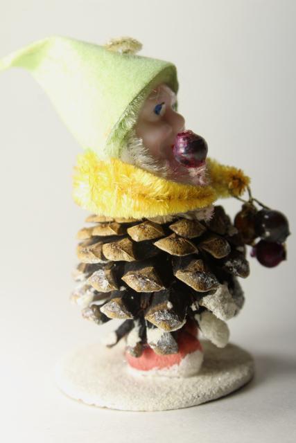 photo of vintage Japan Christmas elf pine cone gnomes, spun cotton / chenille holiday ornaments #11