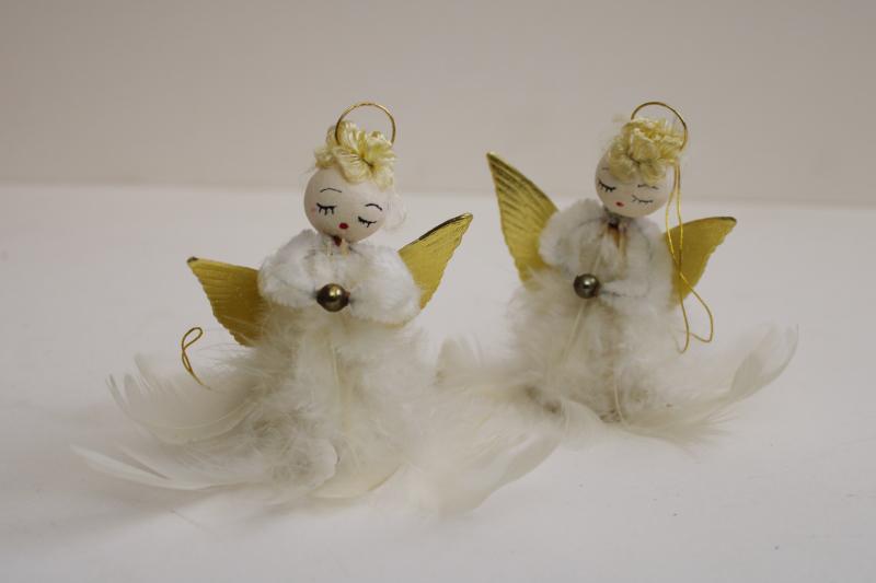 photo of vintage Japan Christmas ornaments, chenille stem feather angel girls w/ curly hair #1