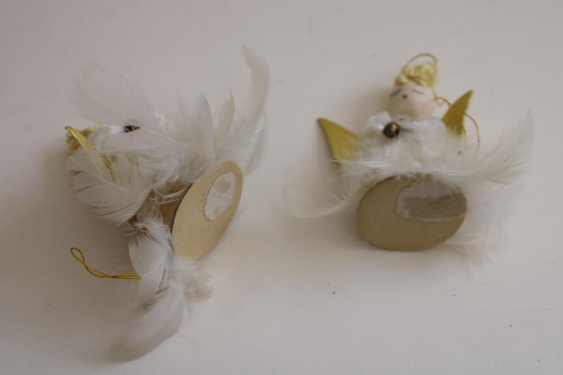 photo of vintage Japan Christmas ornaments, chenille stem feather angel girls w/ curly hair #3