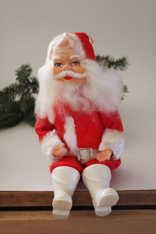 photo of vintage Japan Christmas shelf sitter, Santa Claus doll with plastic face & boots, felt suit #1
