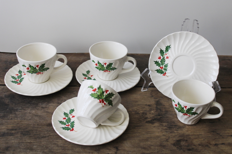 photo of vintage Japan Christmas tea cups & saucers set, Scio Holly Berry pattern white china #1