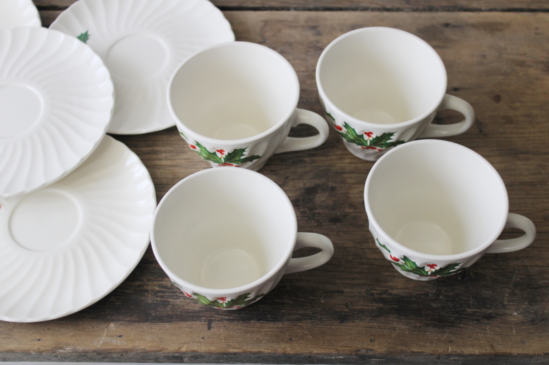 photo of vintage Japan Christmas tea cups & saucers set, Scio Holly Berry pattern white china #2