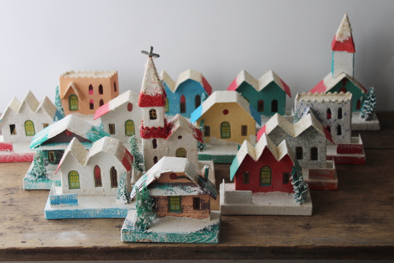 photo of vintage Japan Christmas village putz houses, churches lot, cardboard w/ mica snow & sponge trees #1