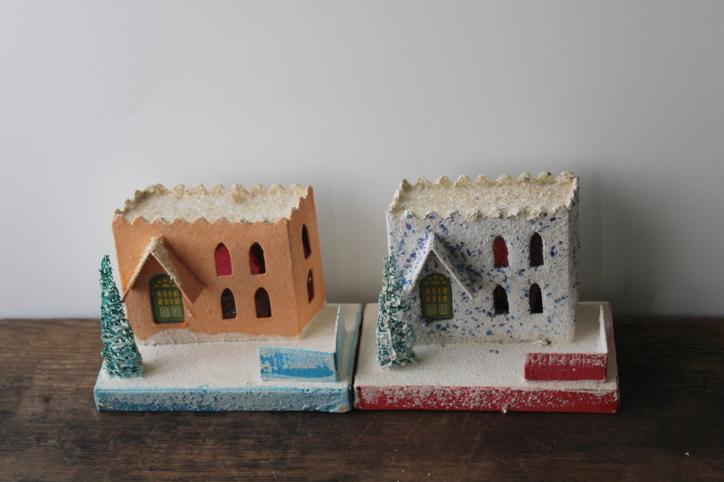 photo of vintage Japan Christmas village putz houses, churches lot, cardboard w/ mica snow & sponge trees #4