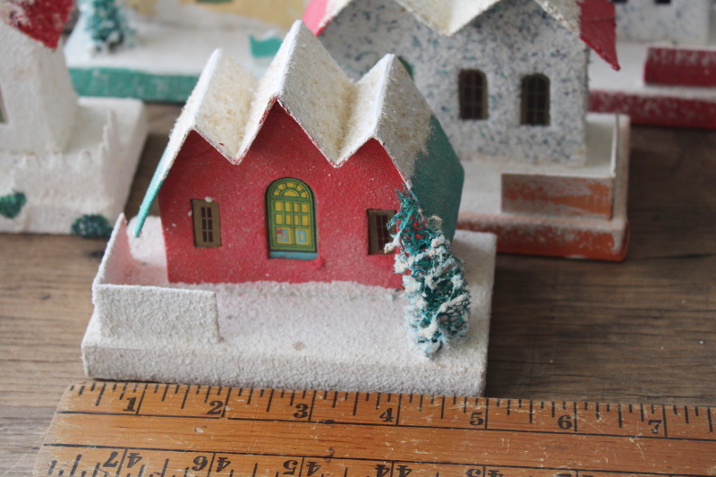 photo of vintage Japan Christmas village putz houses, churches lot, cardboard w/ mica snow & sponge trees #12
