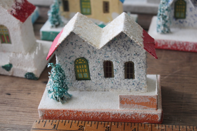 photo of vintage Japan Christmas village putz houses, churches lot, cardboard w/ mica snow & sponge trees #16