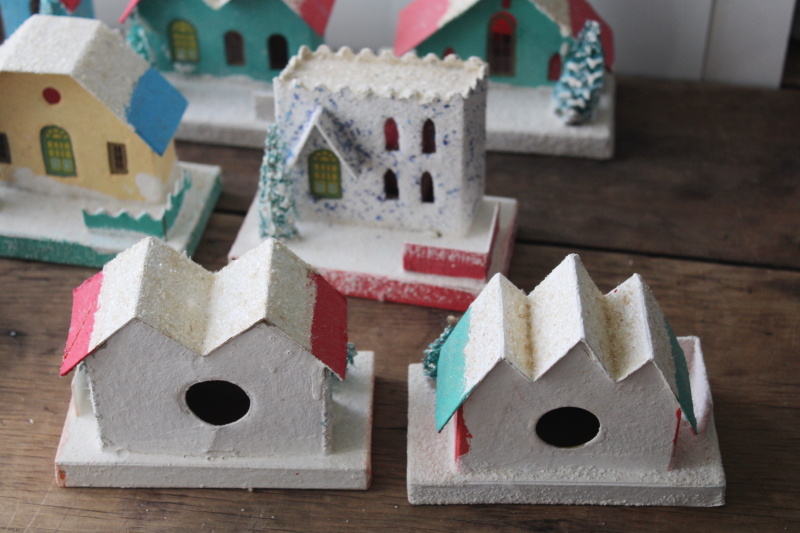 photo of vintage Japan Christmas village putz houses, churches lot, cardboard w/ mica snow & sponge trees #17